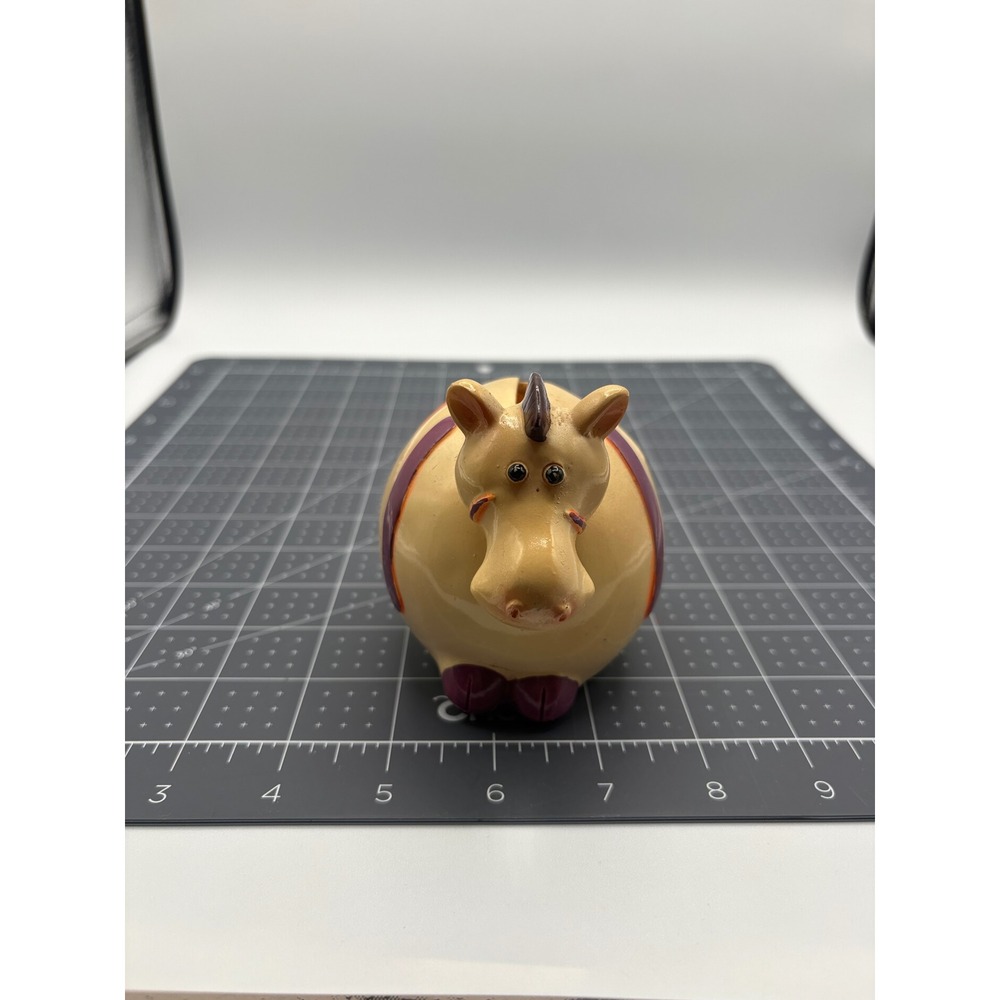 Round Horse Piggy Bank Resin Tan Purple Striped Animal Coin Bank Nursery Decor